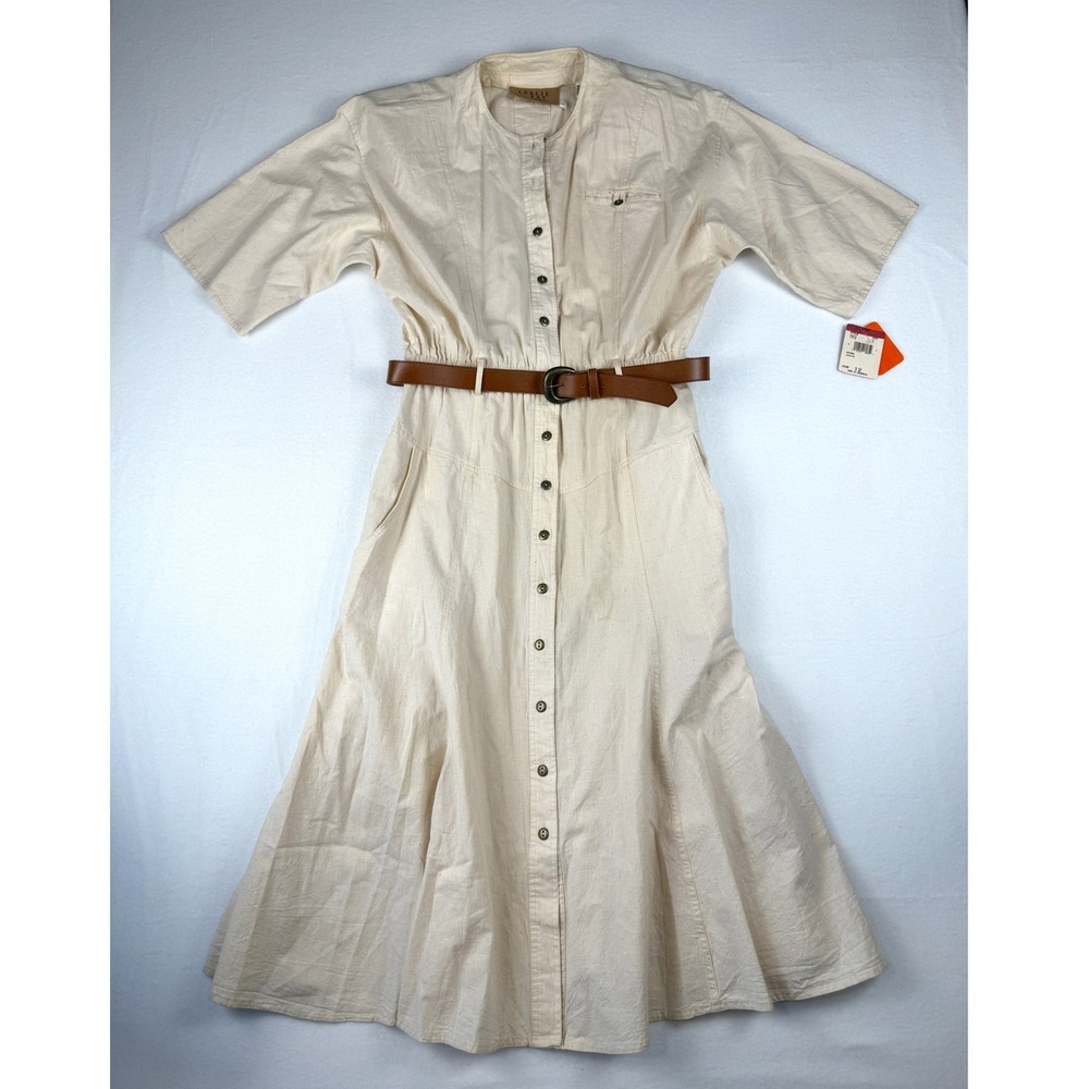 Vintage Leslie Fay Petite Cotton Dress Natural Cream Belted Midi Size 12 NWT